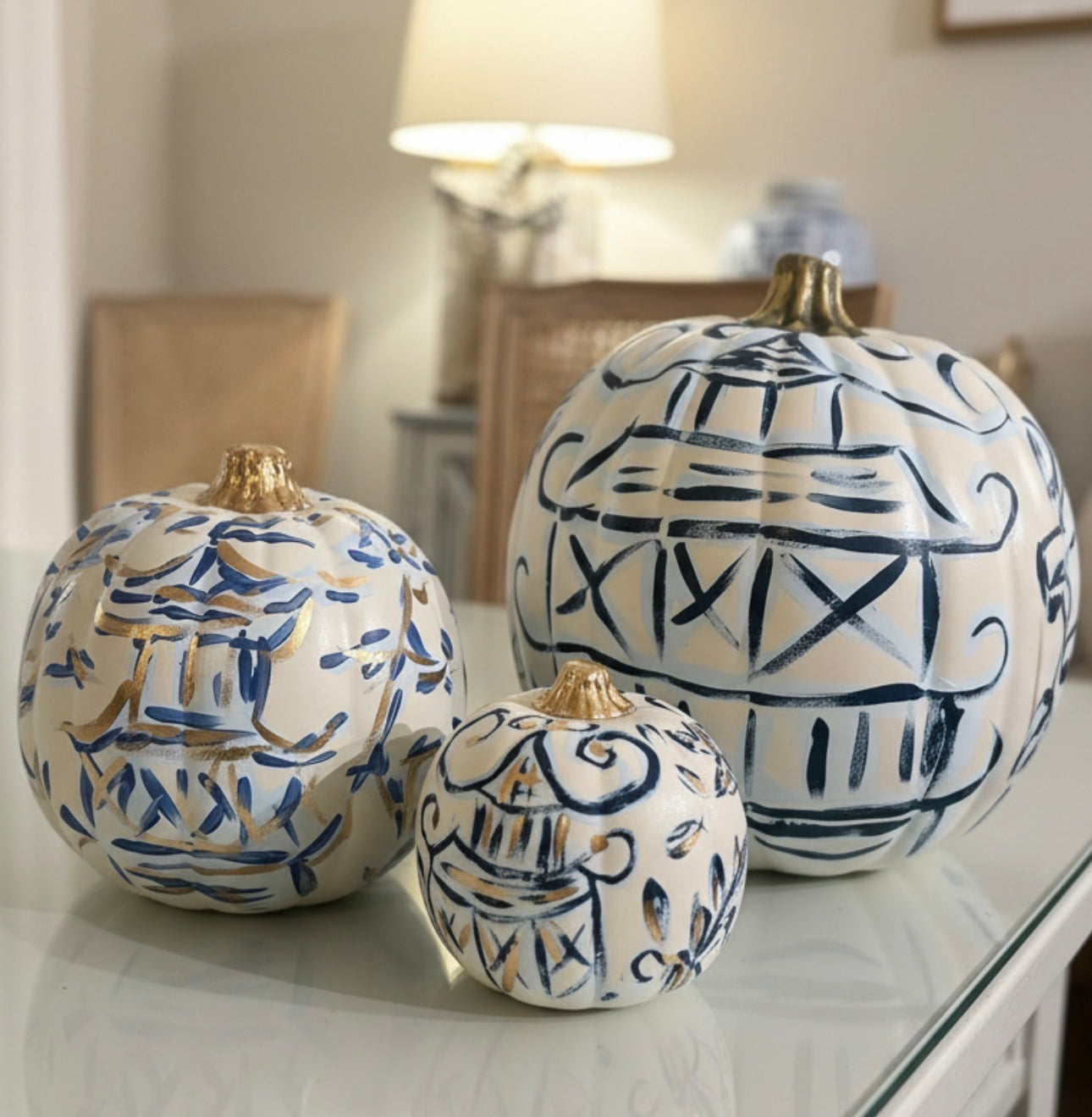 Blue Chinoiserie Abstract Hand painted Pumpkins