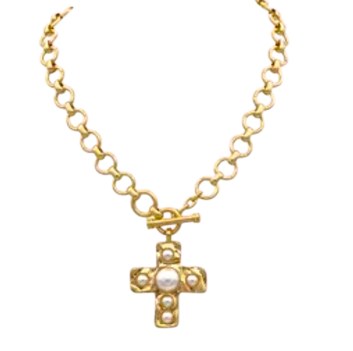 Gold Pearl Cross Chain Necklace