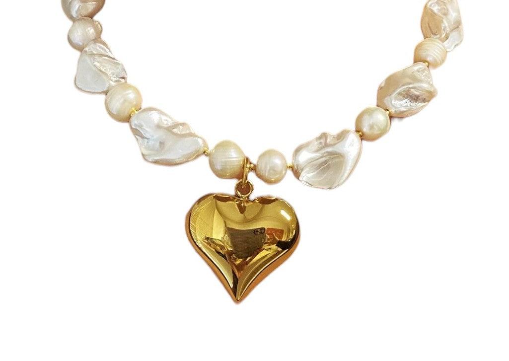 Waterproof Gold Pearl Heart Chunk Necklace