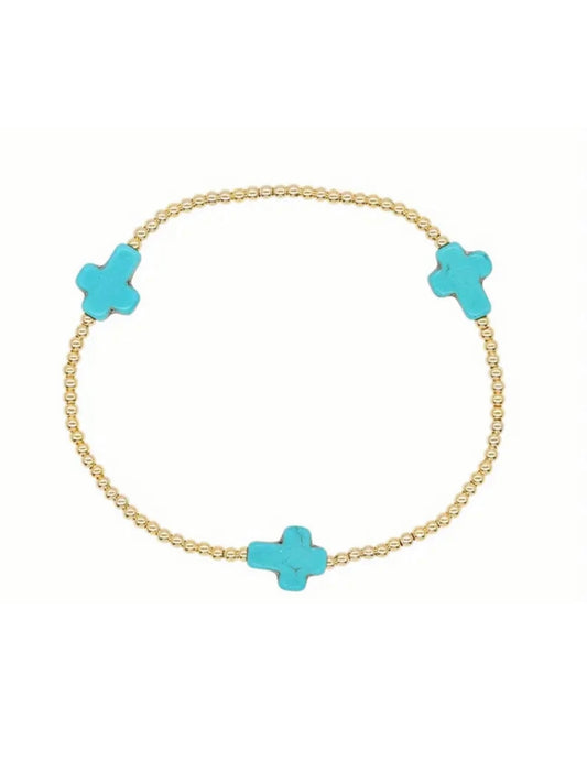 Gold Beaded Teal Cross Stretch Bracelet