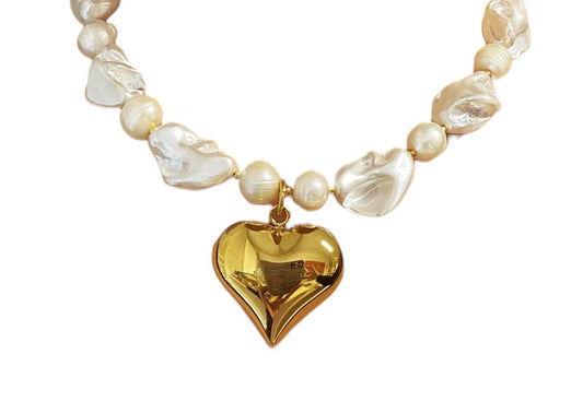 Waterproof Gold Pearl Heart Chunk Necklace